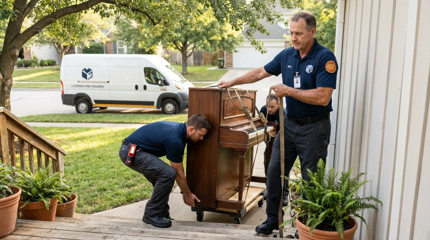 Licensed piano movers securing grand piano in Lake Mary, FL