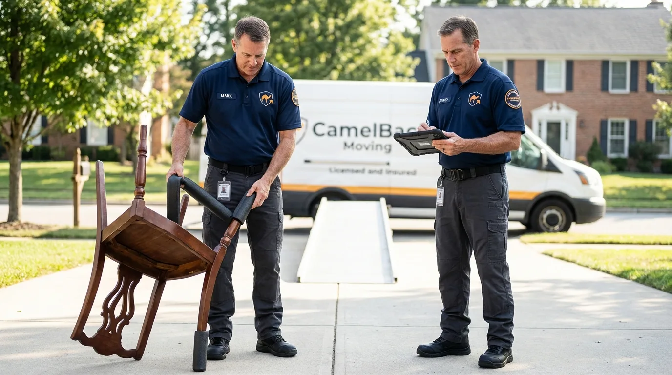 Movers inspecting furniture for damage prevention before loading in Lake Mary, FL