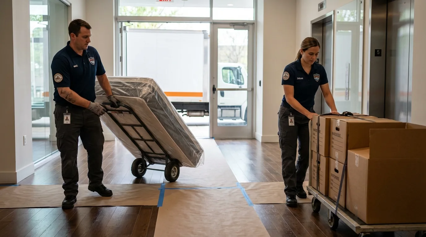 Professional apartment movers loading elevator in Lake Mary, FL