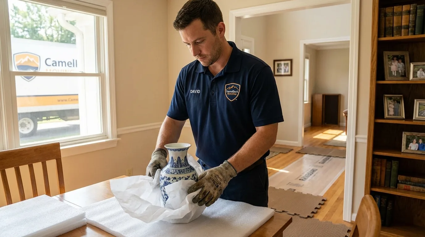 Professional crew carefully wrapping antique vase for senior downsizing move in Lake Mary, FL